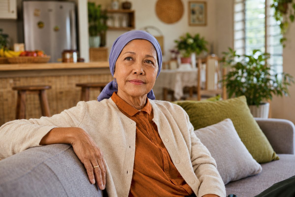 An older patient at home, seated in her own living room.