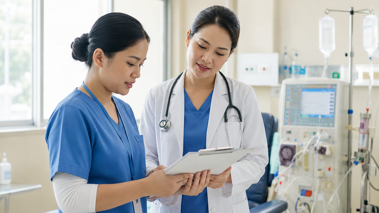 A Head Nurse and a nephrologist reviewing information together beside a dialysis station.