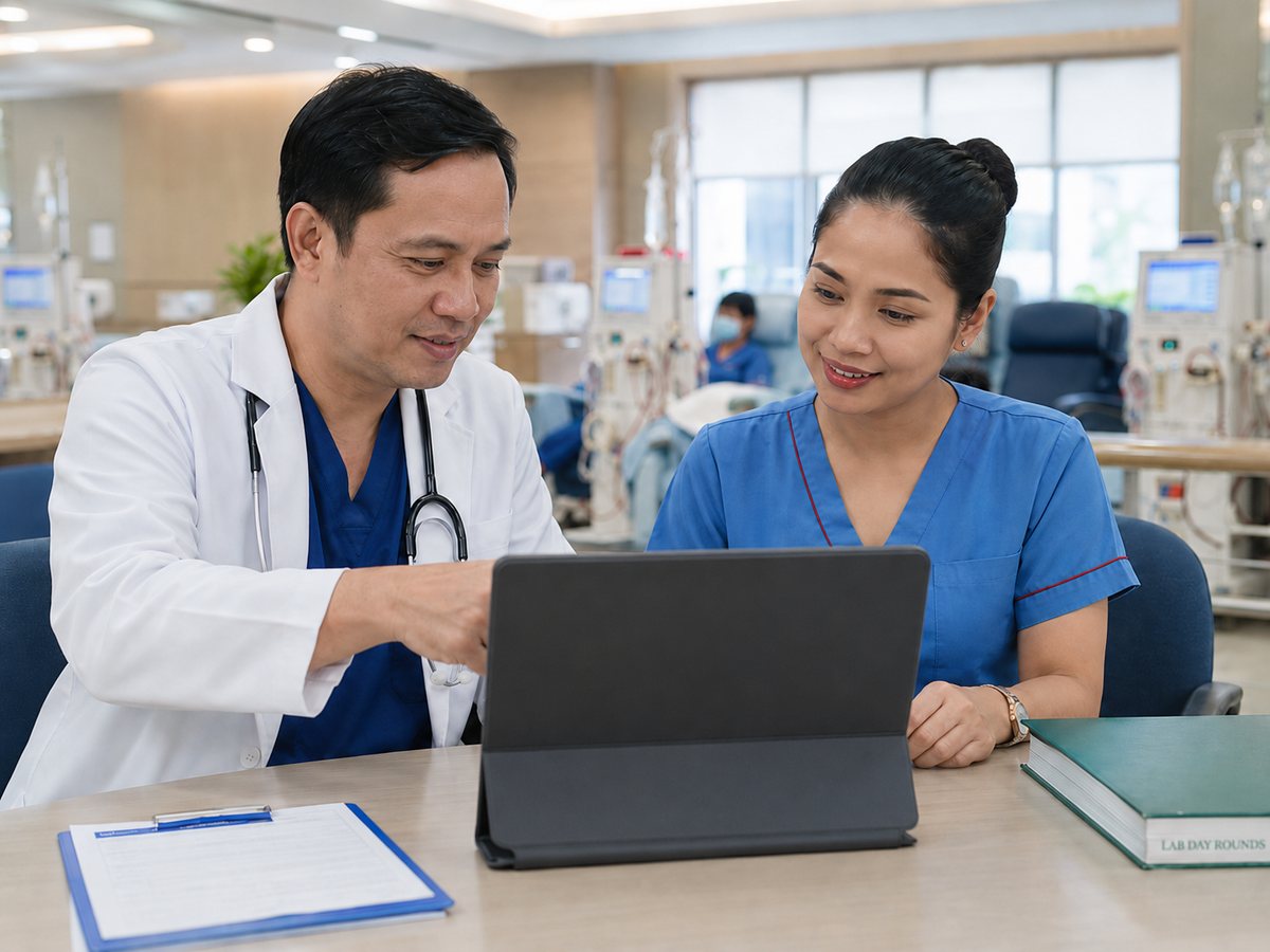 A nephrologist and a Head Nurse reviewing released laboratory results together on a tablet beside the dialysis floor.