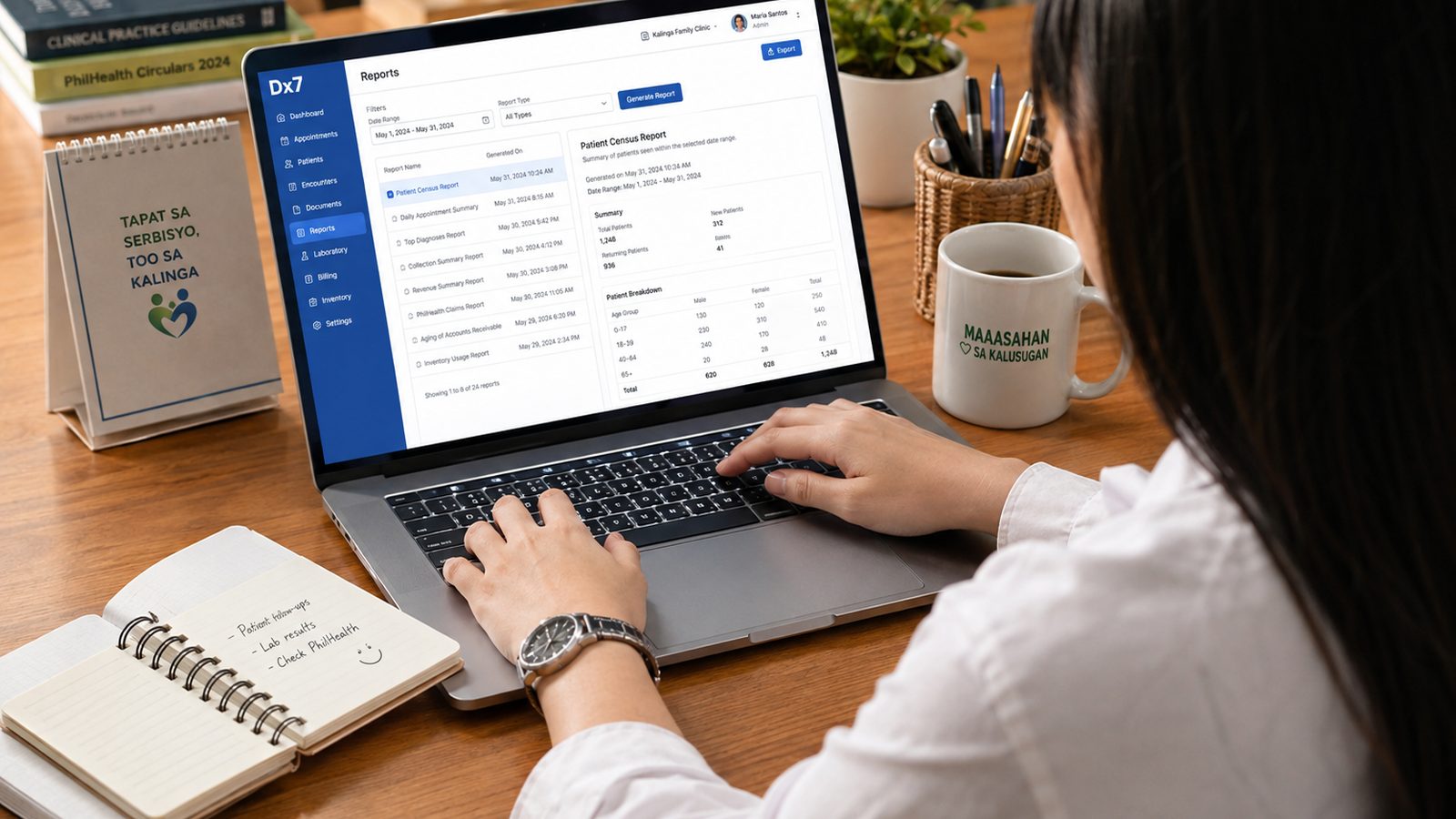 A clinic administrator reviewing reports on a laptop.